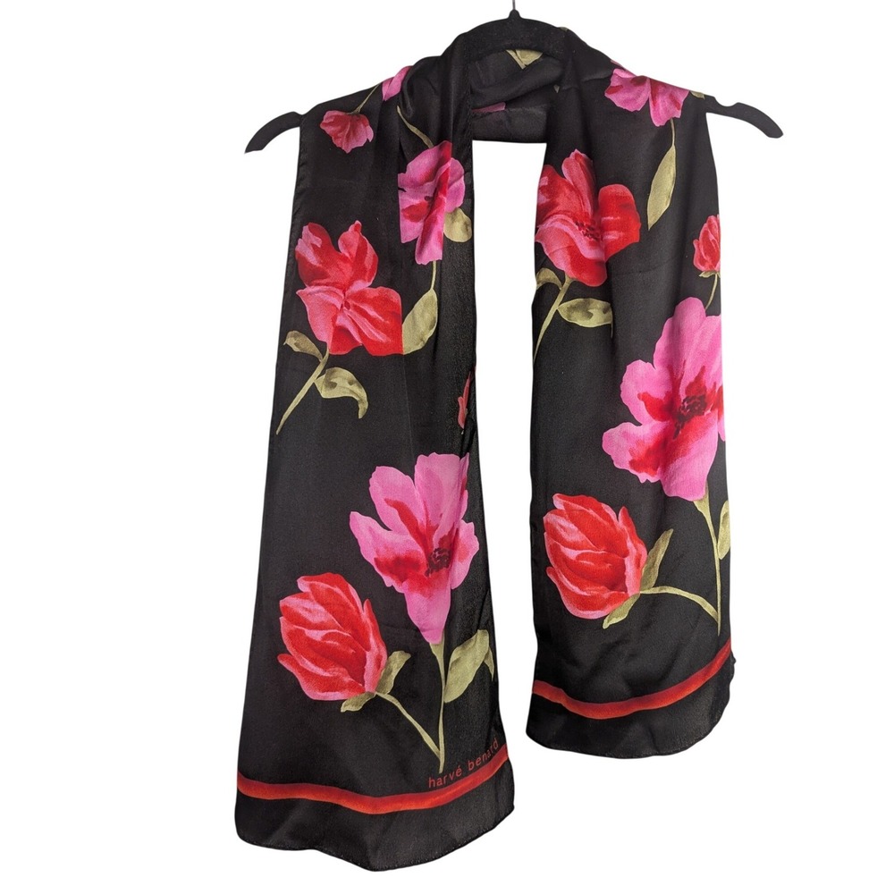 Vtg Harve Benard Silk Scarf 10" x 50" Black Pink Red Floral Print Rectangular